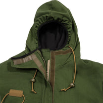 Green hooded jacket with brown accents on a white background