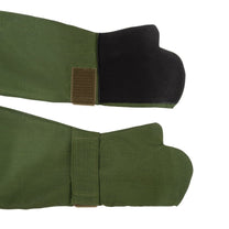 Pair of green and black gloves with a brown patch on a white background