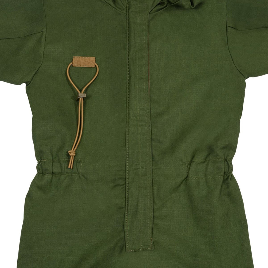 Green jumpsuit with a drawstring on a white background