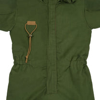 Green jumpsuit with a drawstring on a white background