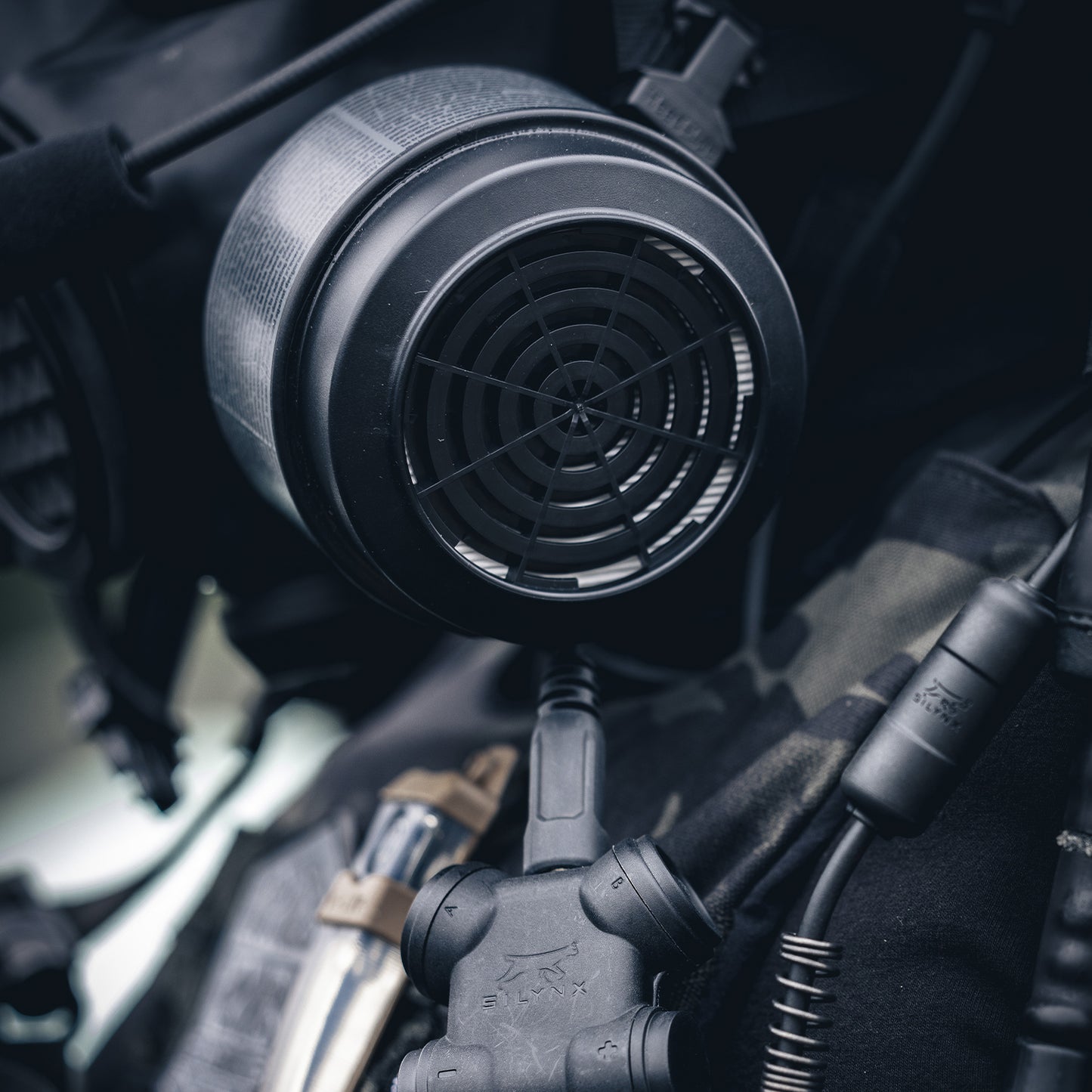 Close up shot of the NBC-17 filter attached to a gas mask