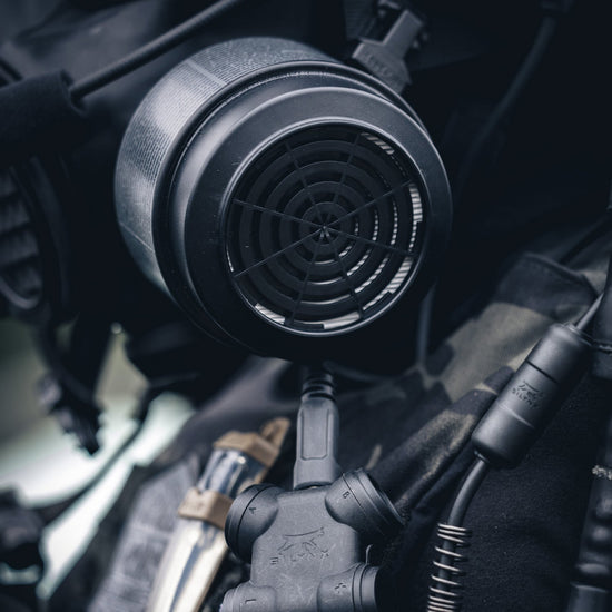 Close up shot of the NBC-17 filter attached to a gas mask