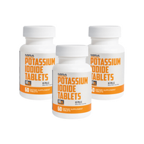 Three bottles of MIRA Potassium Iodide Tablets on a white background