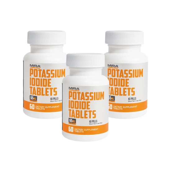 Three bottles of MIRA Potassium Iodide Tablets on a white background
