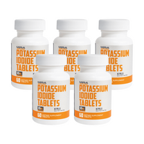Five bottles of MIRA Potassium Iodide Tablets on a white background