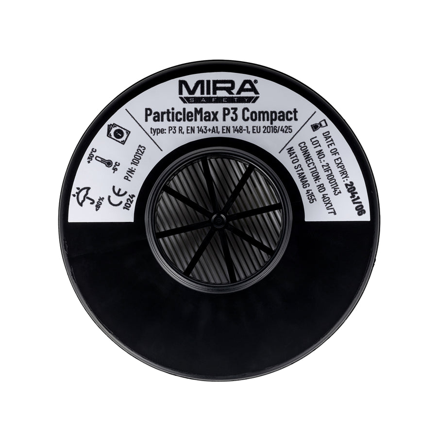 Top down, center view of the Particle Max Compact Filter, the label is seen.