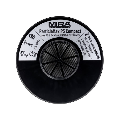Top down, center view of the Particle Max Compact Filter, the label is seen.