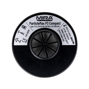 Top down, center view of the Particle Max Compact Filter, the label is seen.