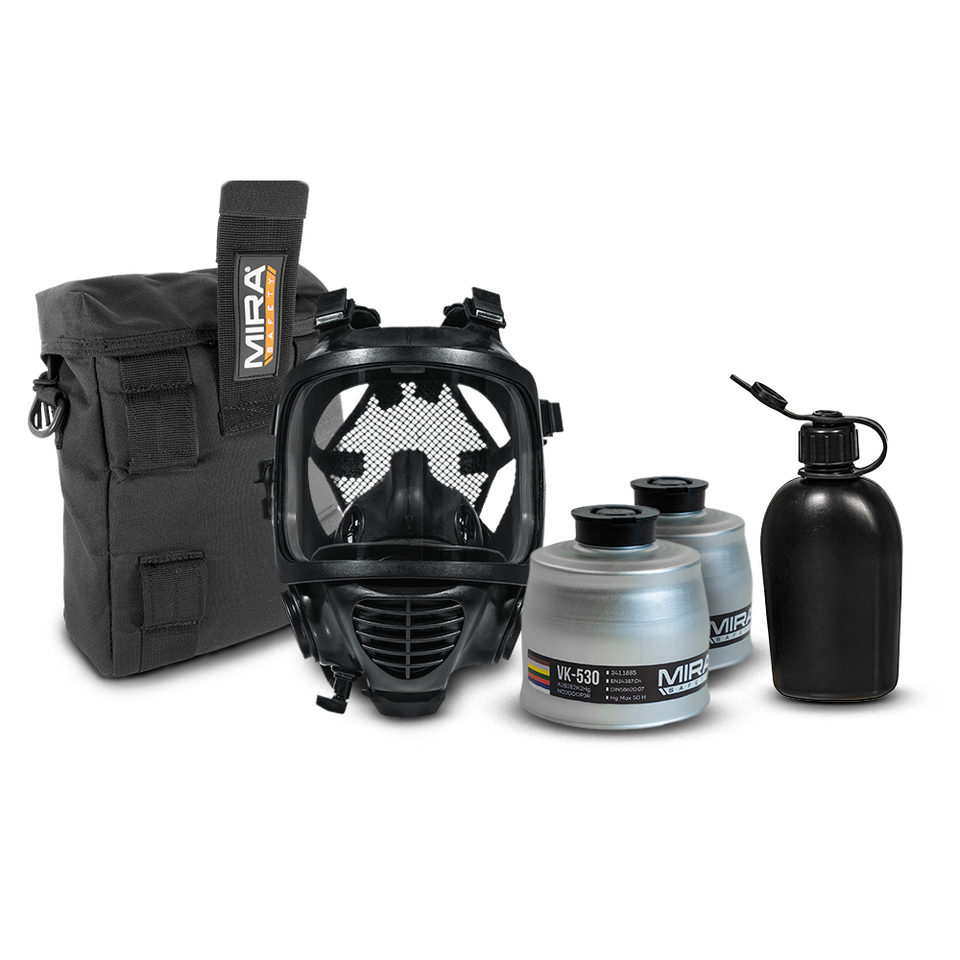 MIRA Safety's Fire Escape Kit consist of gas mask bag, CM-6M tactical gas mask, Two MIRA Safety VK-530 smoke / carbon monoxide filters