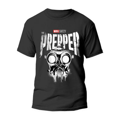 Close up, front view of The Prepper T shirt in black, regular cut.