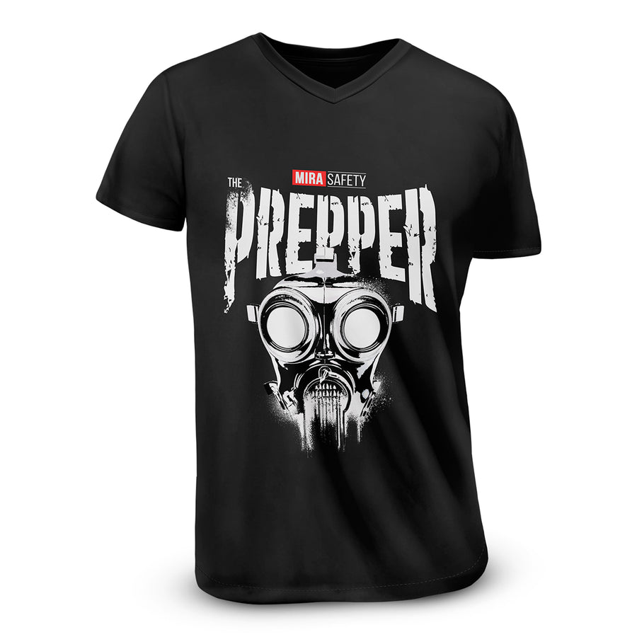 Close up, front view of The Prepper T shirt in black, V-neck cut.