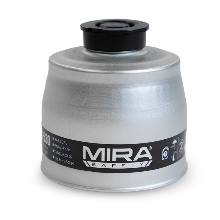 Front close up shot of the VK-530 smoke filter, with the MIRA Safety logo in view on the label.