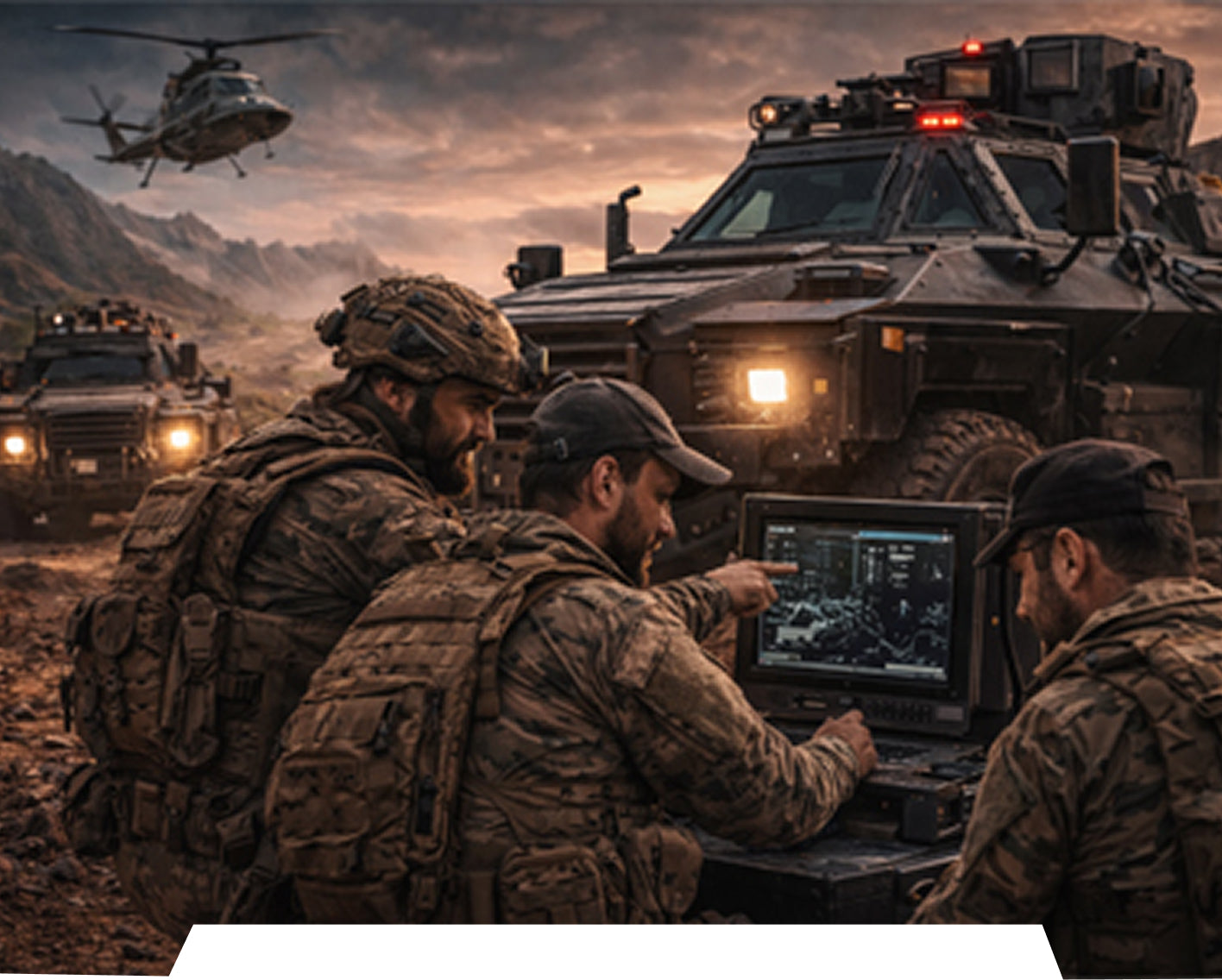 Soldiers in military gear working on a computer with armored vehicles and helicopters in the background.