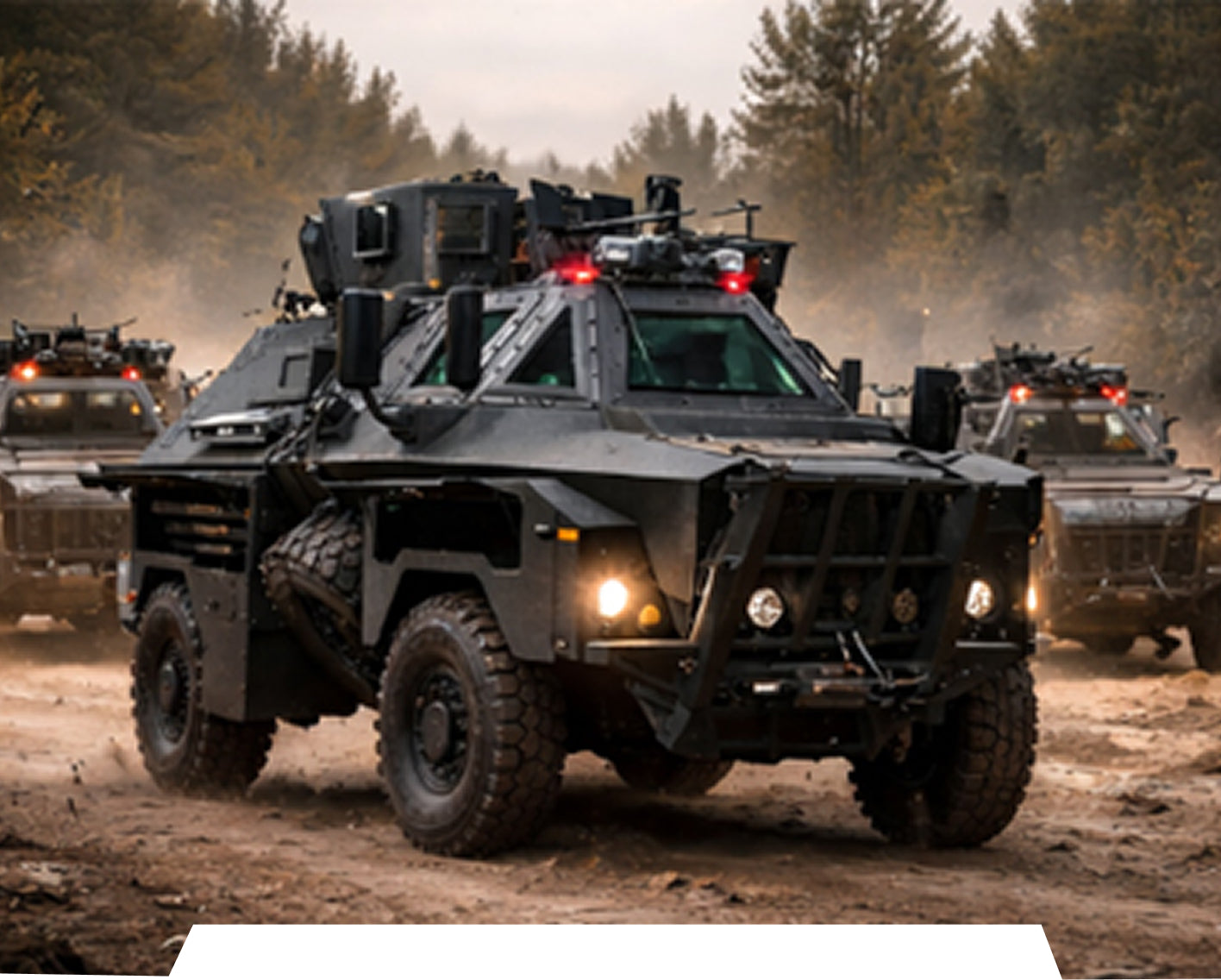 Armored military vehicles on a dirt road with trees in the background