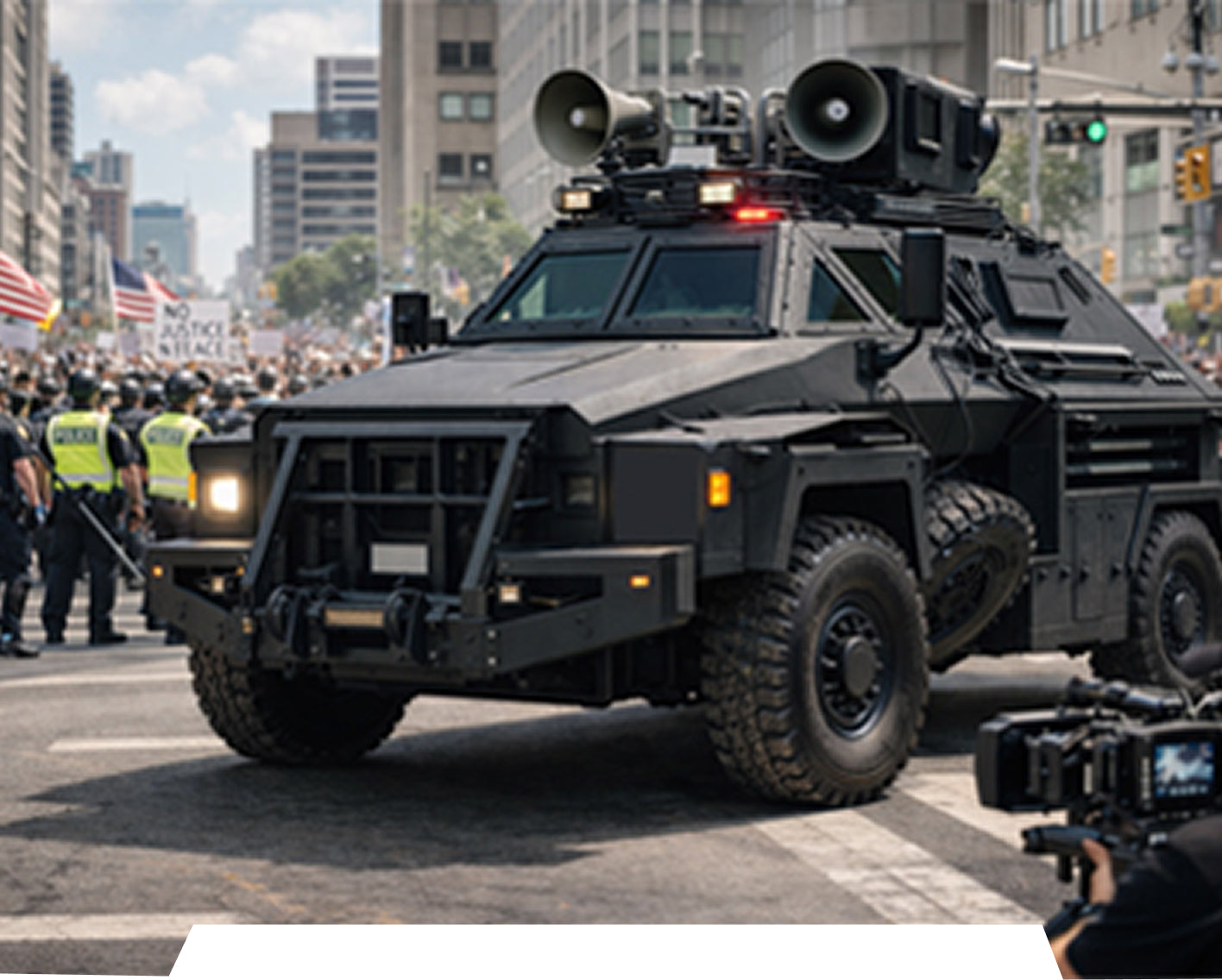 Armored vehicle on a city street with protesters and American flags in the background
