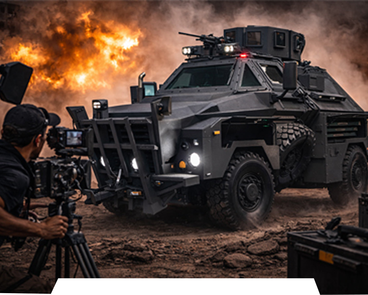 Armored vehicle in a desert setting with a cameraman filming.