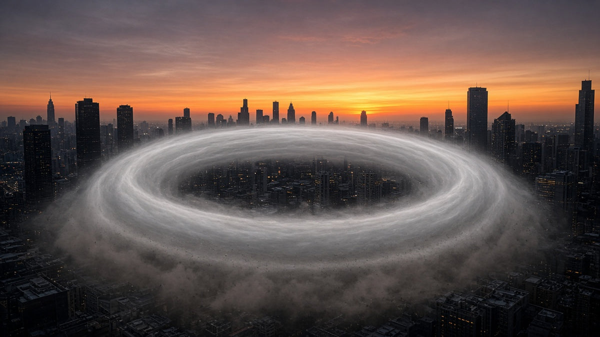 Ring-shaped blast wave spreading outward across a city at sunset