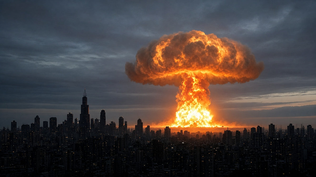 Nuclear fireball and mushroom cloud rising over a city skyline