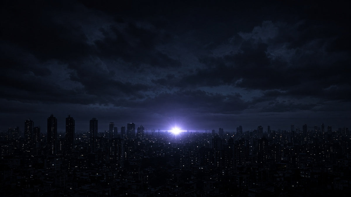Glowing nuclear detonation releasing prompt radiation over an urban area