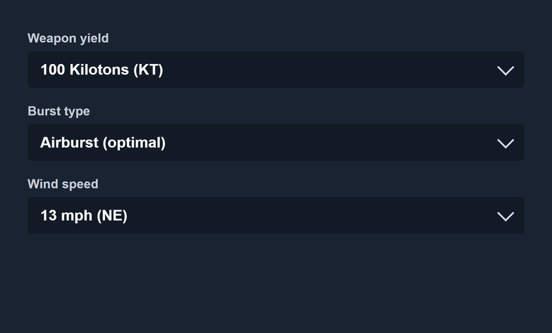 Simulator settings panel for choosing weapon yield, burst type and wind