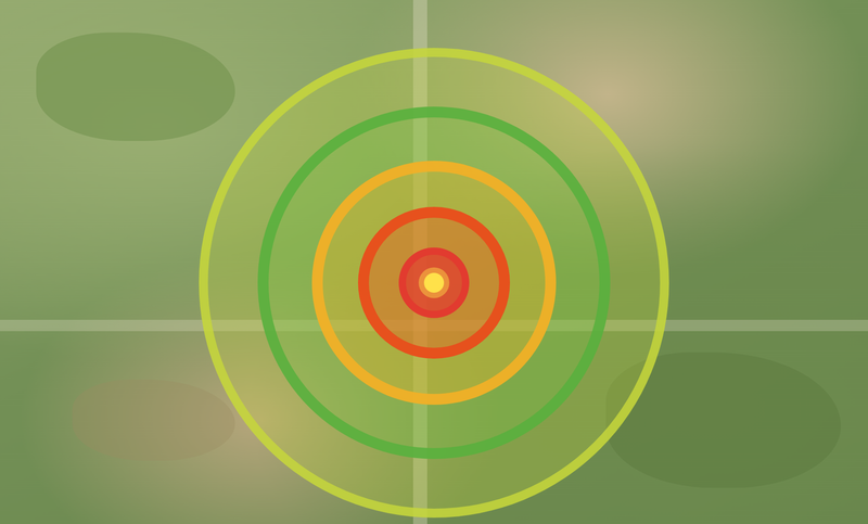 Simulation map showing blast effect rings around ground zero