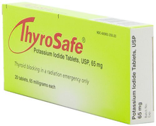 Thyrosafe KI potassium iodide tablets packaging three quarter view with batch number and expiration date