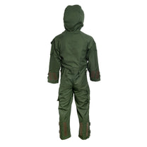 A person wearing a MIRA Safety MOPP-1 CBRN Protective Suit with a digital camouflage pattern, including a hood, gas mask, and gloves.