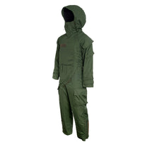 A person wearing a MIRA Safety MOPP-1 CBRN Protective Suit with a digital camouflage pattern, including a hood, gas mask, and gloves.