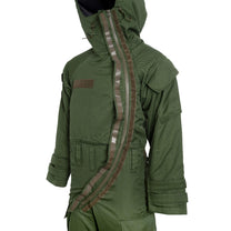Green military-style jacket with a hood on a white background