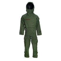 A person wearing a MIRA Safety MOPP-1 CBRN Protective Suit with a digital camouflage pattern, including a hood, gas mask, and gloves.