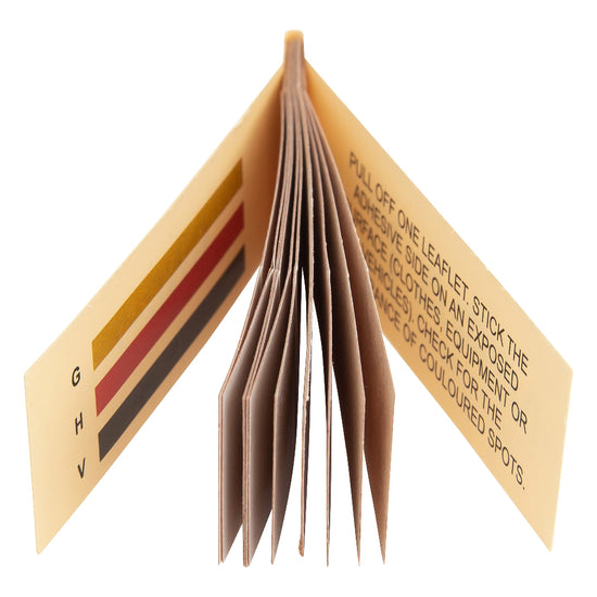 Folded leaflet with text and color swatches on a white background