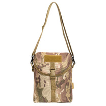 Camouflage crossbody bag with a strap on a white background