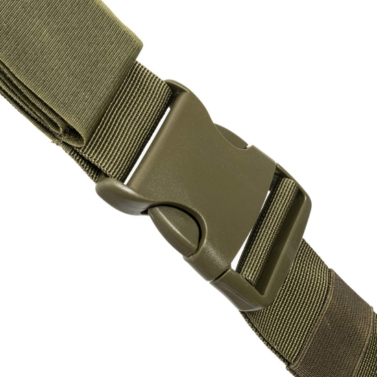 Olive green belt with a metal buckle on a white background