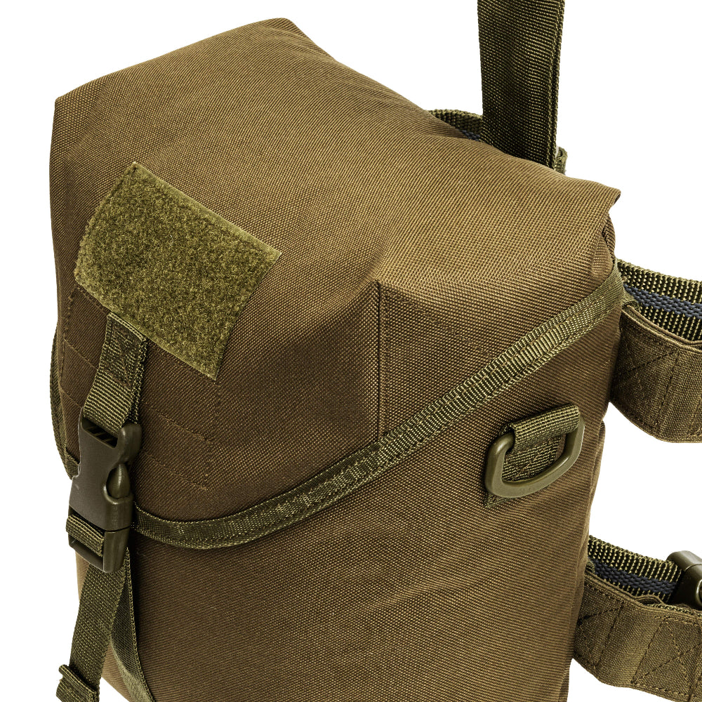 Brown tactical bag with straps and a patch on a white background