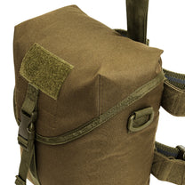 Brown tactical bag with straps and a patch on a white background