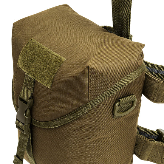 Brown tactical bag with straps and a patch on a white background