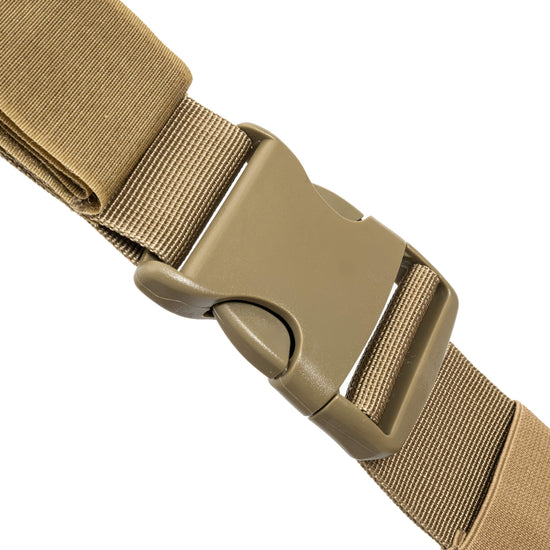 Close-up of a brown belt with a buckle on a white background