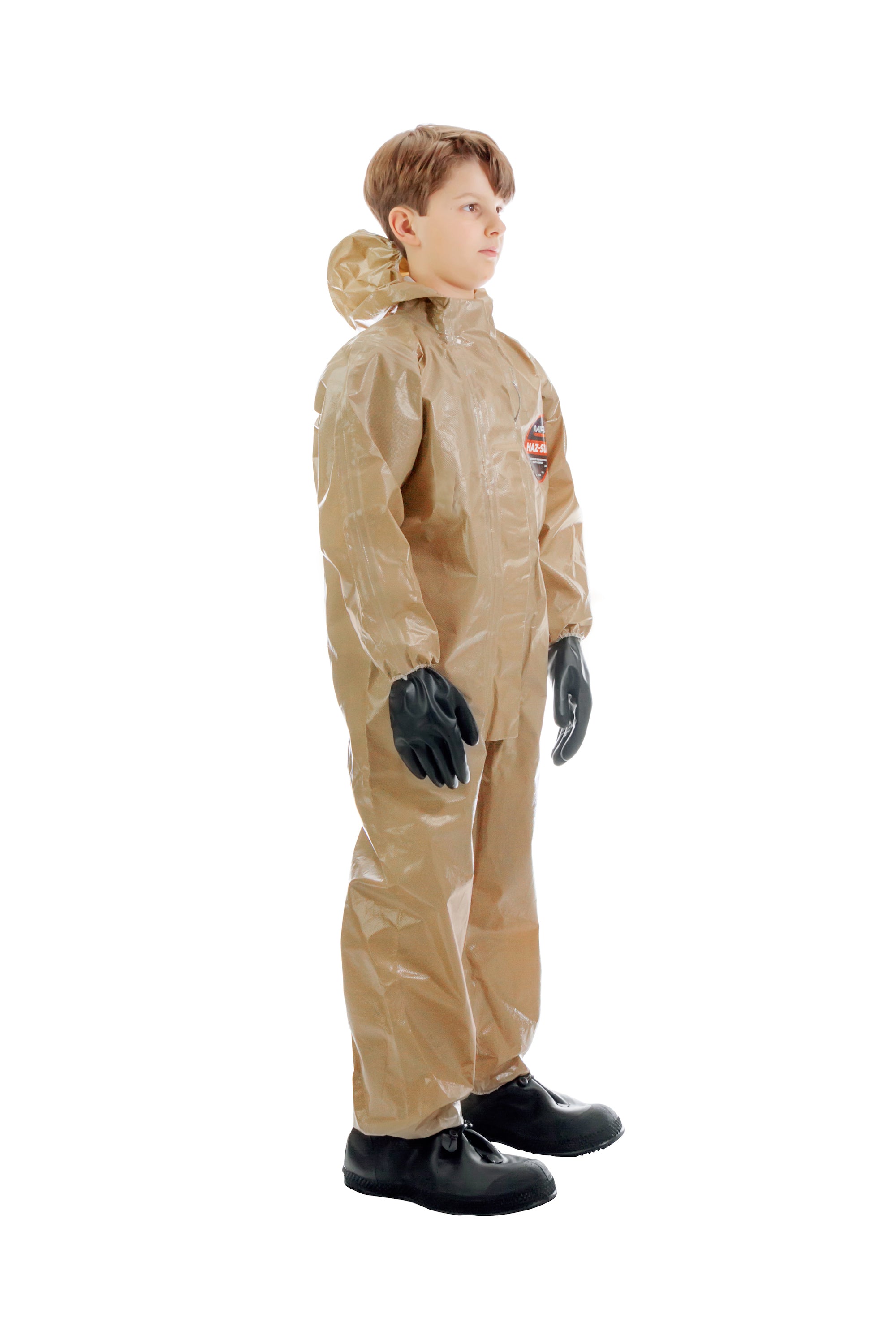 Three quarter view of a child wearing the HAZ-SUIT HAZMAT Suit