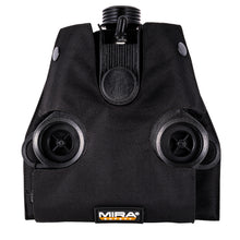 Front view of the MIRA Safety MB-90 PAPR MOLLE Pouch, with a PAPR installed, in black, no filters
