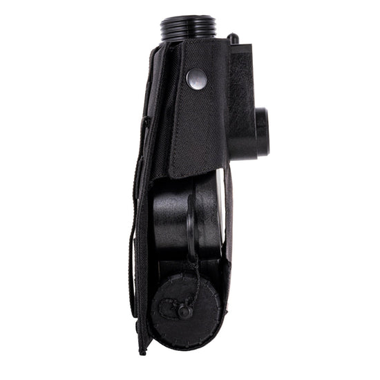 Left side view of the MIRA Safety MB-90 PAPR MOLLE Pouch, with a PAPR installed, in black, no filters