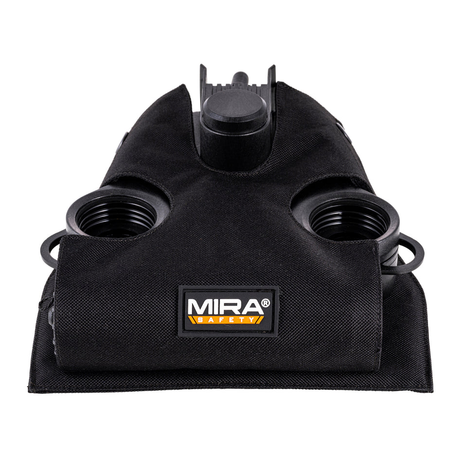 Three quarter view of the MIRA Safety MB-90 PAPR MOLLE Pouch, with a PAPR installed, in black, no filters