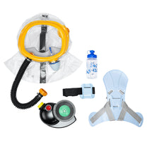 Full MD-2 kids respirator kit, disassembled on a white background