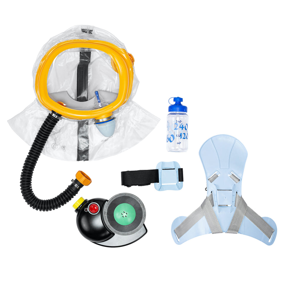 Full CM-3M kids respirator kit, disassembled on a white background