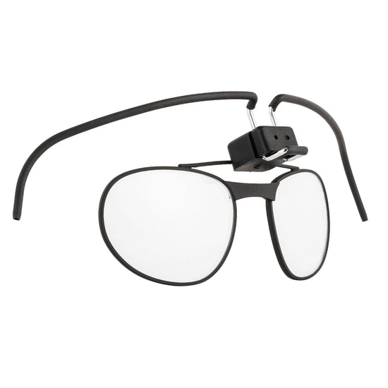 A black spectacle kit designed for military gas masks, featuring a frame with a clip-on attachment for lenses.