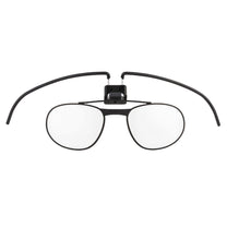 A black spectacle kit designed for military gas masks, featuring a frame with a clip-on attachment for lenses.