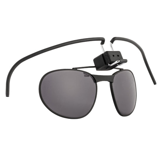 A black spectacle kit designed for military gas masks, featuring a frame with a clip-on attachment for lenses.