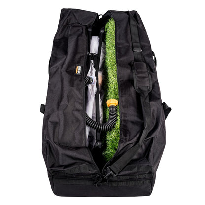 Side view of the CBRN Animal Ark Dog Gas Mask in the included duffle bag