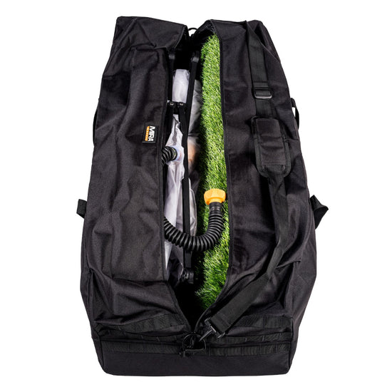 Side view of the CBRN Animal Ark Dog Gas Mask in the included duffle bag