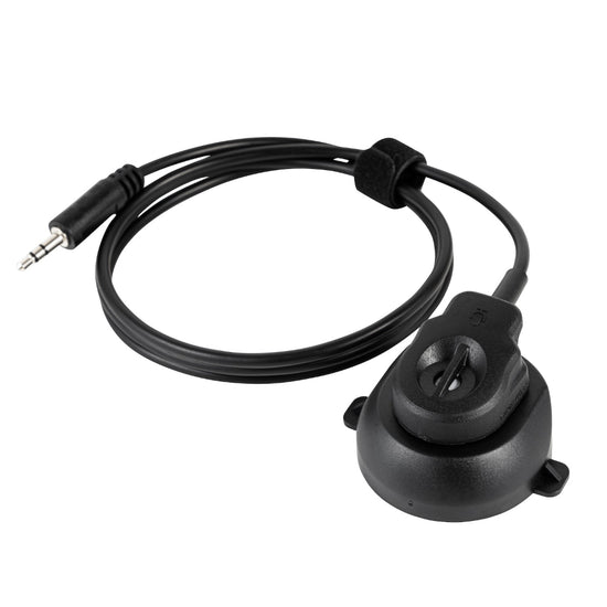Black communication cable with 3.5mm audio jack and control module for MIRA Safety gas masks.