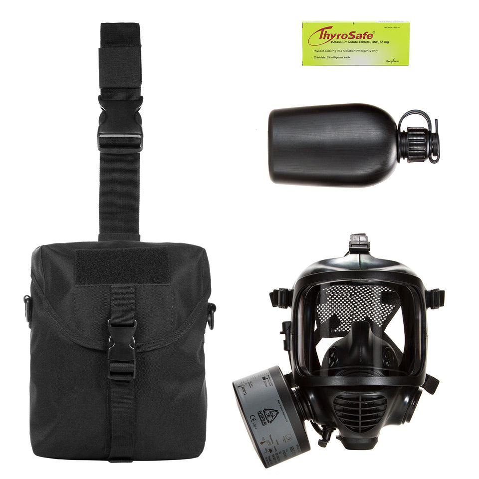 MIRA Safety Military Gas Mask & Nuclear Survival Kit consist of drop-leg gas mask pouch, Thyrosafe potassium iodide tablets, NBC-77 SOF filter, Canteen